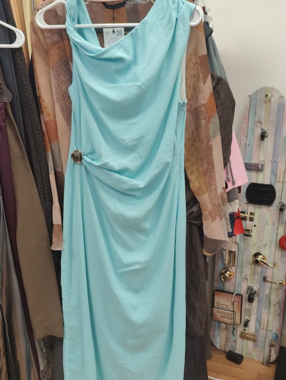 Zara Aqua Draped Maxi Dress with Side Brooch